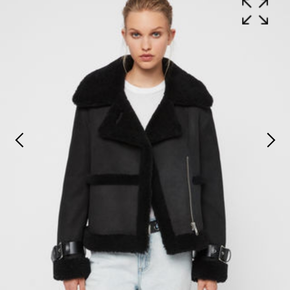 NEW All Saints Black Shearling Fur Coat Size L